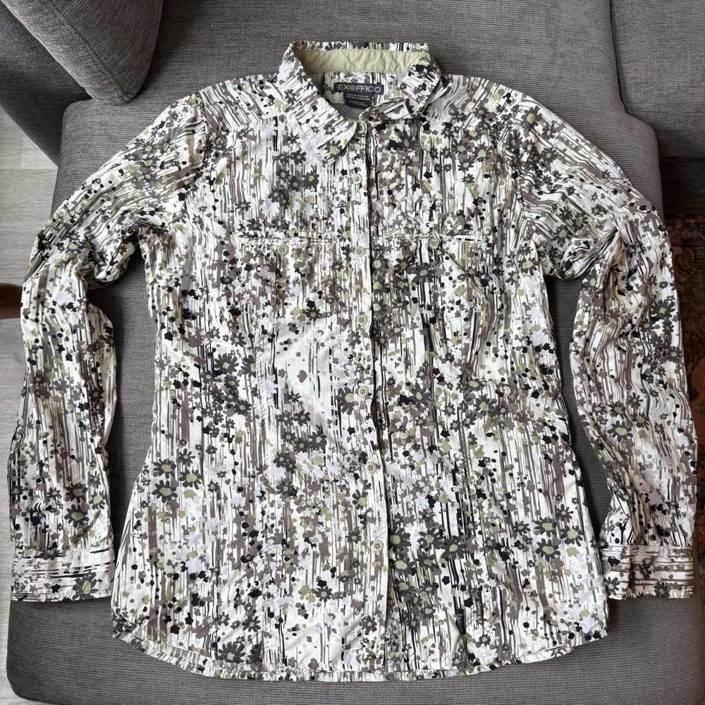 ExOfficio Womens Button Up Roll Tab Sleeve Floral Hiking Travel Shirt Green L